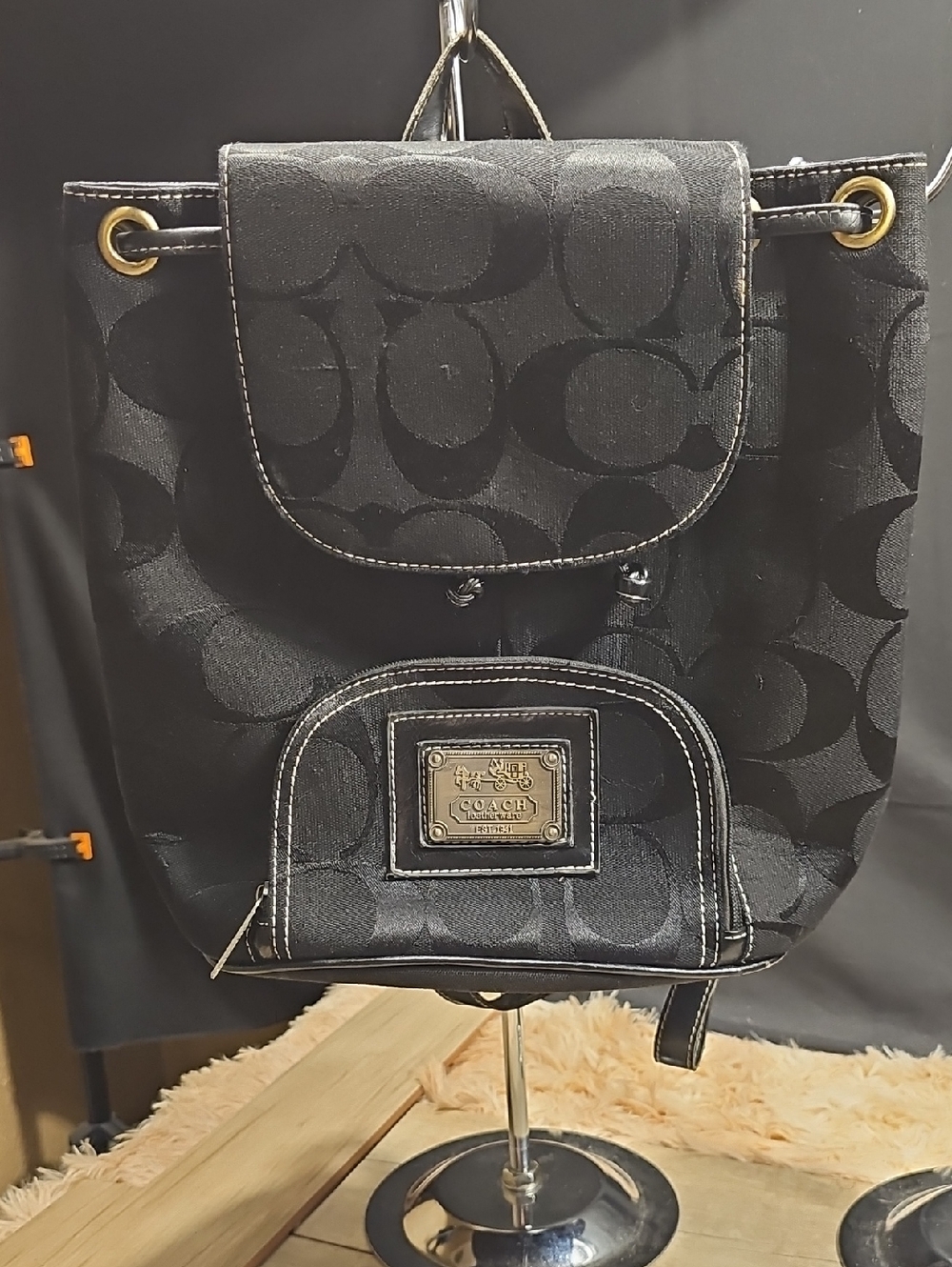 Coach Black Signature Drawstring Backpack with Gold-Tone Accents